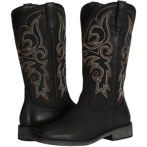 Black Women's Wide Width Cowboy Boots Square Toe Mid Calf Western Cowgirl Boots - Picture 8 of 8